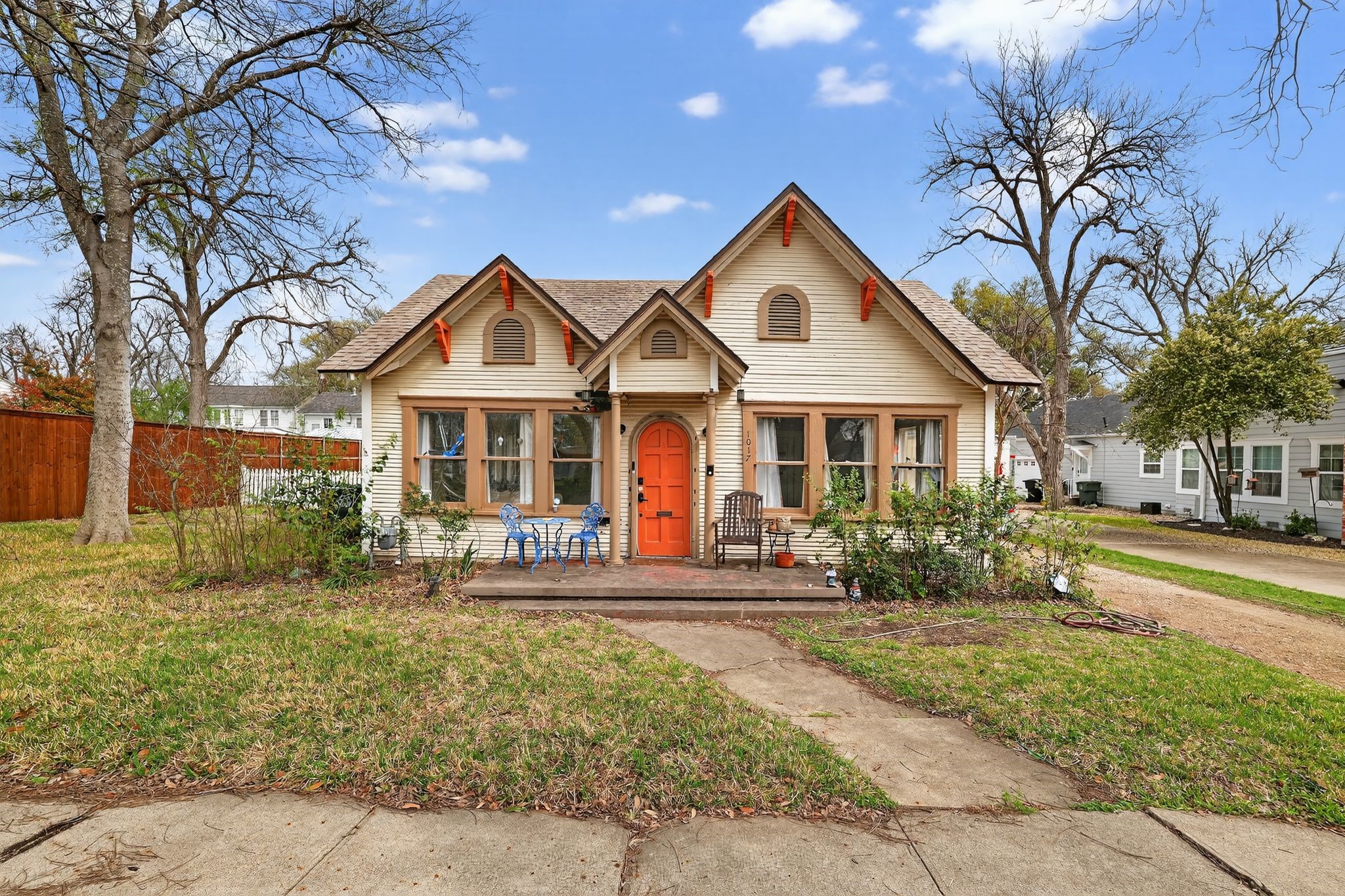 a front view of a house with patio