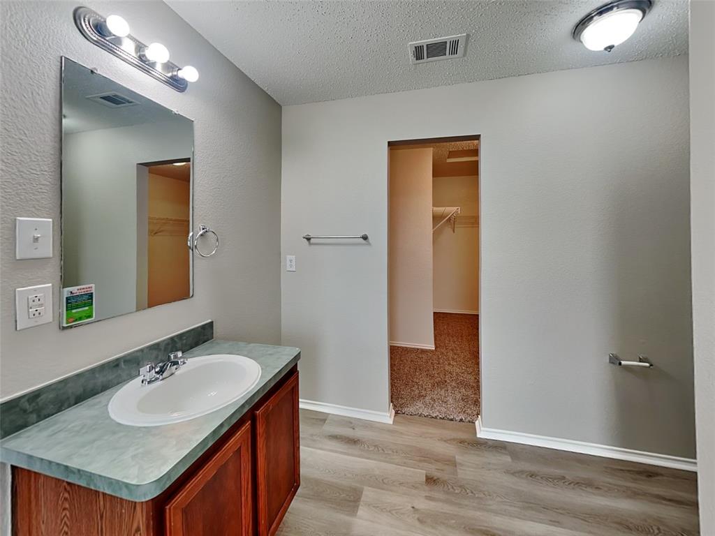 216 Turning Tree Road Wilmer, TX 75172 - Photo 9 of 20 Bathroom featuring light wood-style floors, vanity, a textured ceiling, and a walk in closet