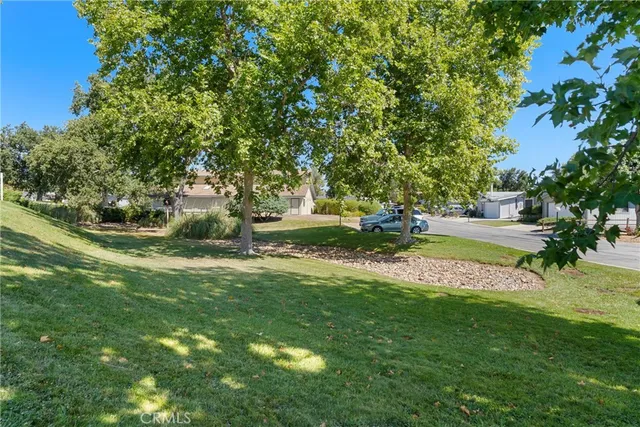 a view of a garden with houses