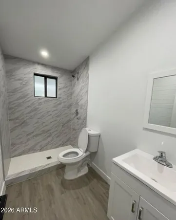 a bathroom with a sink a toilet and mirror