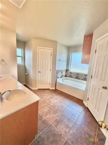 a spacious bedroom with a sink and a bath tub