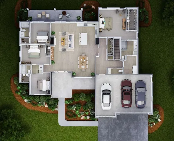 an aerial view of residential houses with outdoor space and parking