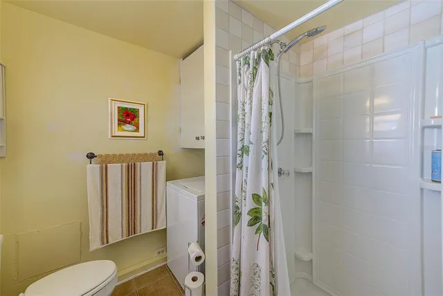 a bathroom with a shower and a toilet