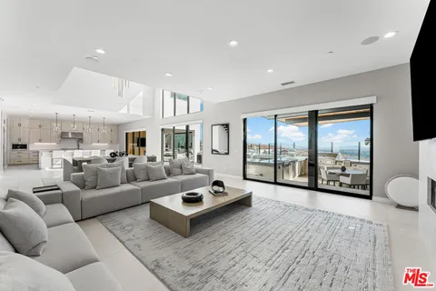 a living room with furniture potted plant and a large window