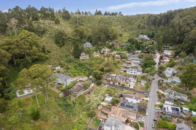 an aerial view of residential houses with outdoor space and trees