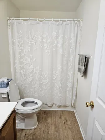 a white toilet sitting next to a shower curtain