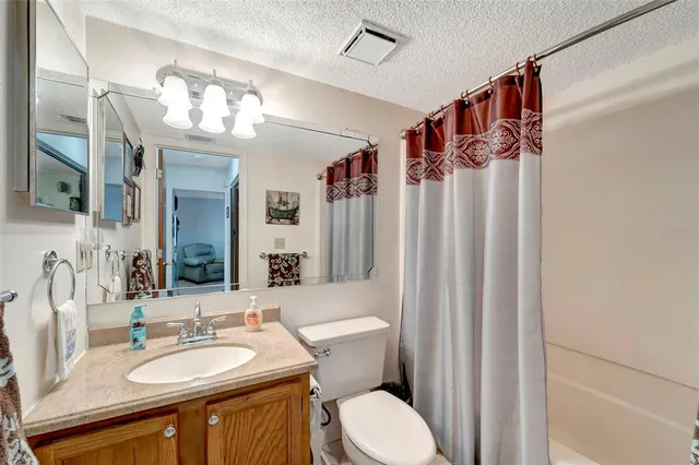 a bathroom with a sink a toilet a mirror a vanity and shower
