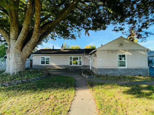 a view of a yard in front of a house with large trees