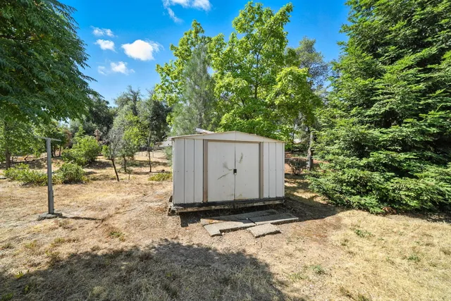 a backyard of a house with a tree