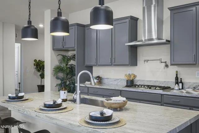 a kitchen with a refrigerator and cabinets