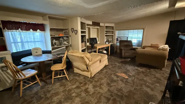 a living room with furniture a lamp a rug and a window