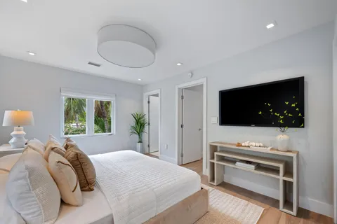 a bedroom with a bed and a flat screen tv