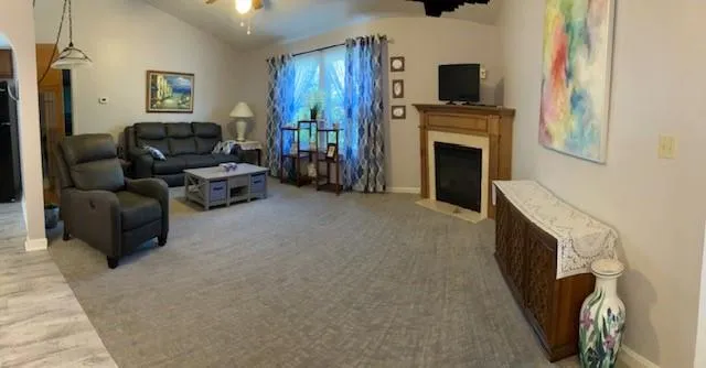 a living room with furniture and a fireplace