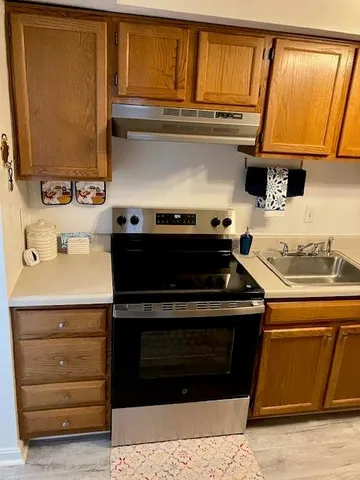 a close view of a stove and a sink