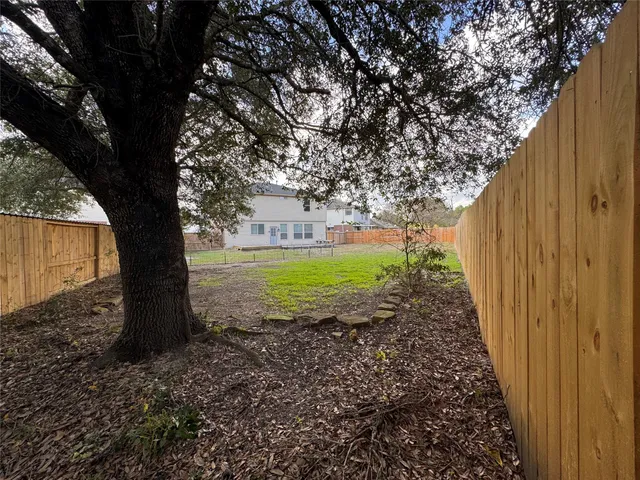 a view of a backyard with large trees