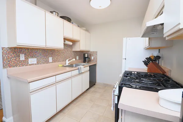a kitchen with a sink a stove and cabinets