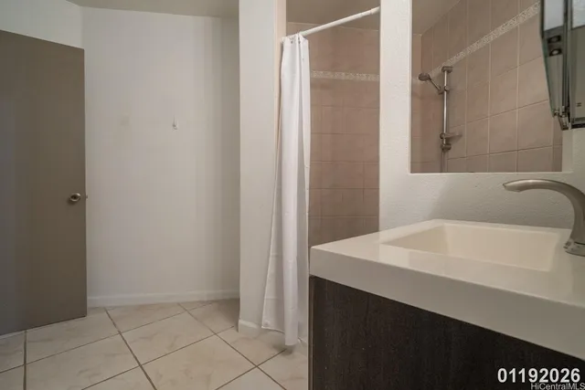 a bathroom with a sink a shower and a mirror
