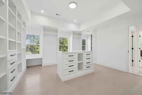 walk in closet with white cabinets