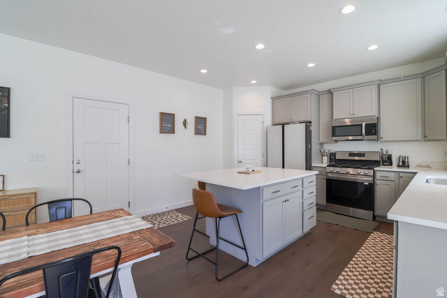 373 Quartz Road Tooele, UT 84074 - Photo 16 of 38 Contemporary kitchen featuring gray cabinetry, stainless steel appliances, a center island with countertop seating, and recessed lighting