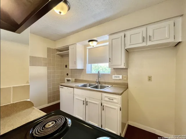 a kitchen with a sink a stove and cabinets