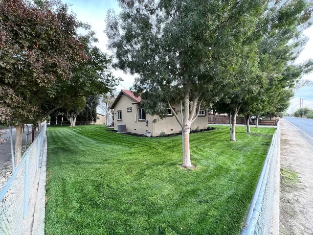 a view of a house with backyard and a tree