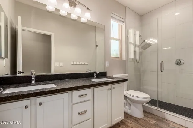 a bathroom with a granite countertop sink a toilet and a mirror