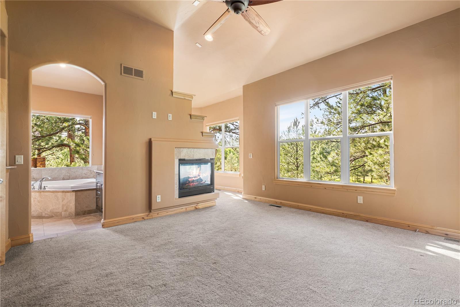 691 Cumberland Road Larkspur, CO 80118 - Photo 29 of 43 an empty room with windows and fireplace