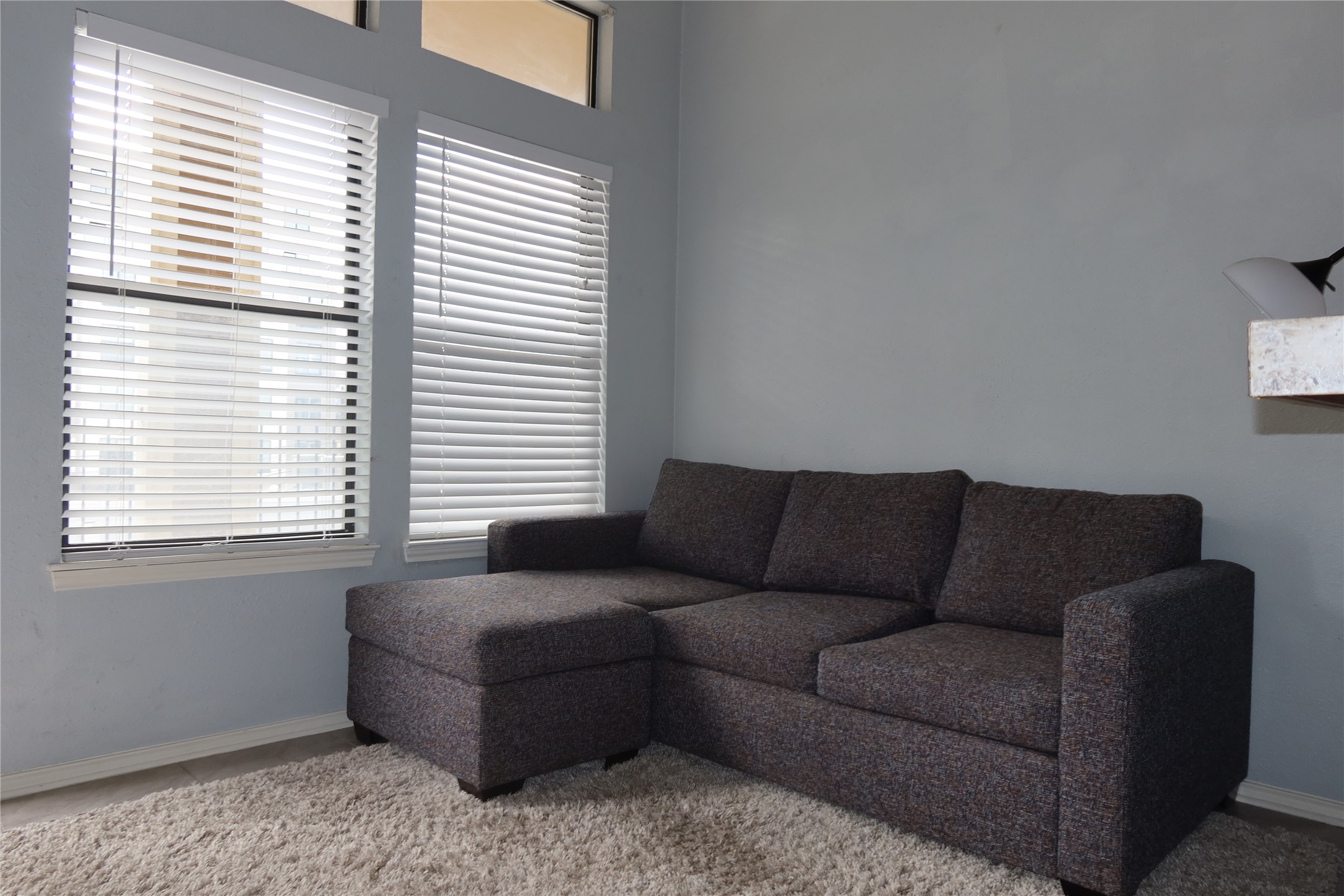 2802 Nueces Street, Unit 306 Austin, TX 78705 - Photo 5 of 20 Soft blue-grey walls complement the tall windows, featuring white blinds