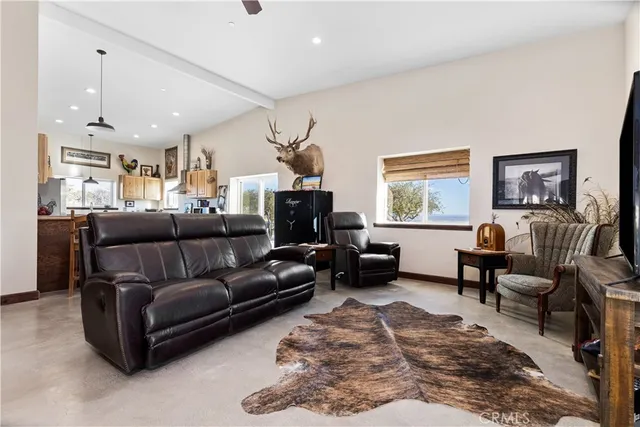 a dining room with kitchen island stainless steel appliances furniture a rug and a view