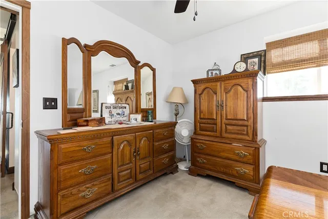 a view of a backyard with furniture and a ceiling fan