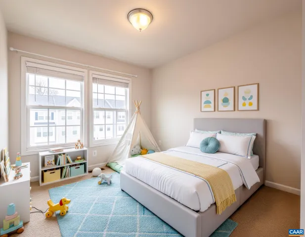 a spacious bedroom with a bed and a couch