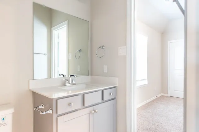 a bathroom with a sink vanity and mirror