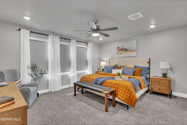 a bedroom with a bed and a couch