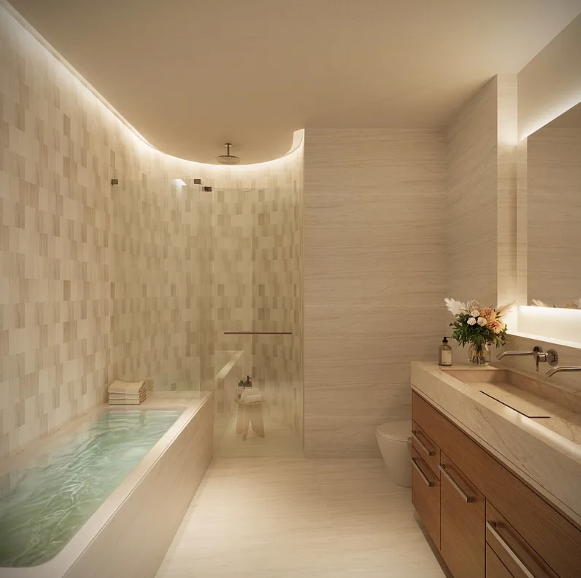 219 Hudson Street, Unit PH9 Manhattan, NY 10013 - Photo 10 of 13 a bathroom with a double vanity sink toilet and shower