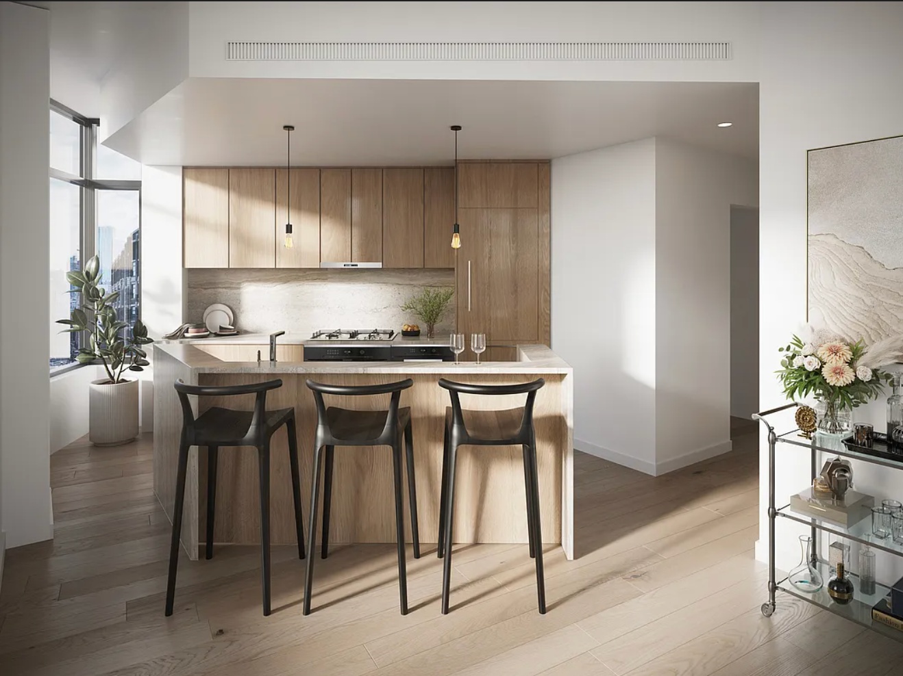 219 Hudson Street, Unit PH9 Manhattan, NY 10013 - Photo 5 of 13 a kitchen with a table chairs stove and cabinets