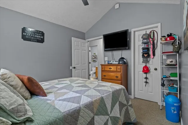a bedroom with a bed and flat screen tv