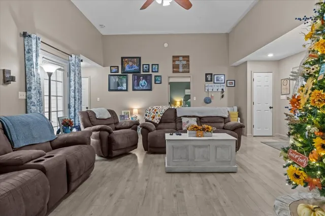 a living room with furniture and a potted plant