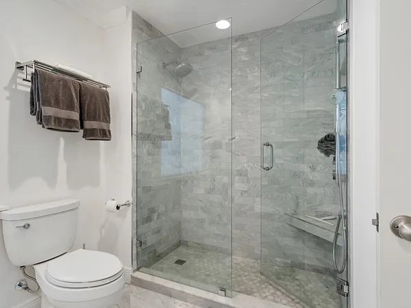 a bathroom with a shower a toilet and a sink