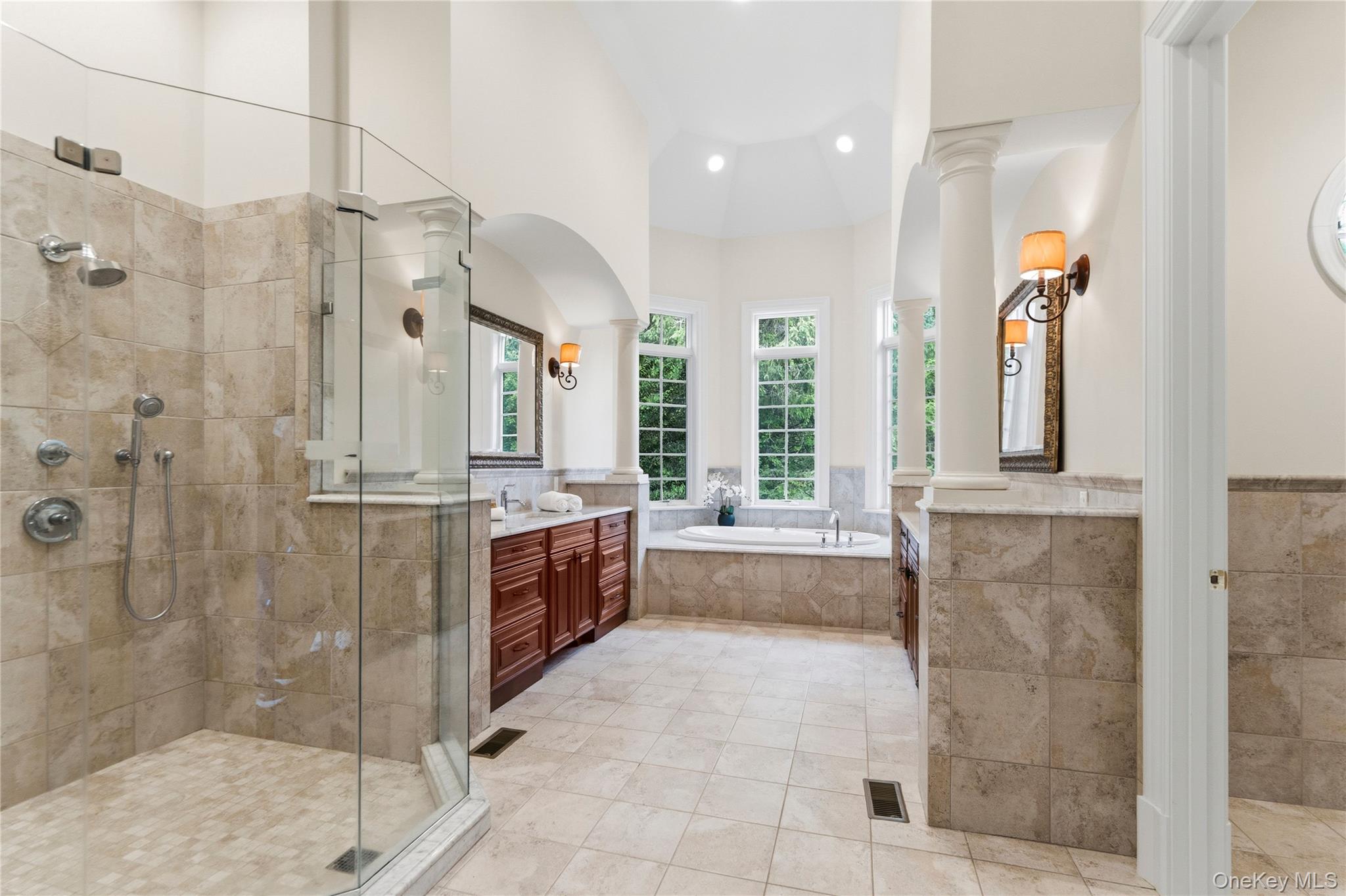 1960 Midlane Road South Syosset, NY 11791 - Photo 26 of 46 a bathroom with a double vanity sink mirror and shower