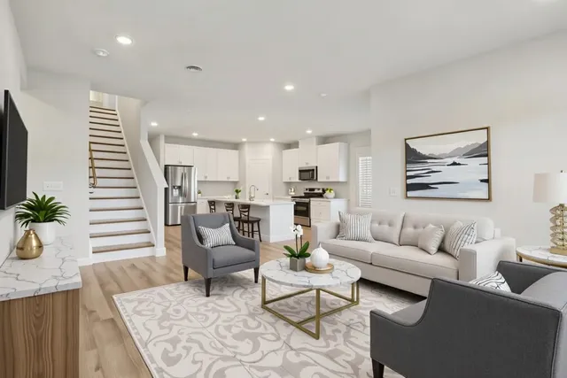 a living room with furniture kitchen view and a potted plant