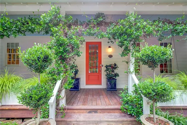 an aerial view of a house with a yard and potted plants