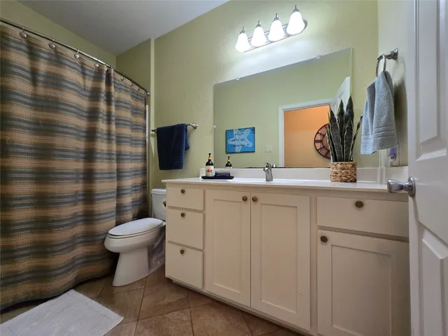 a bathroom with a sink toilet a mirror and shower curtain
