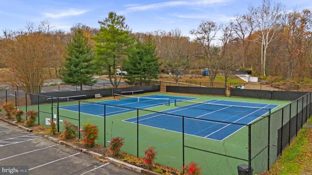a view of a tennis ground with large trees