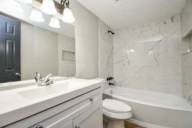 a bathroom with a sink a toilet and a bathtub