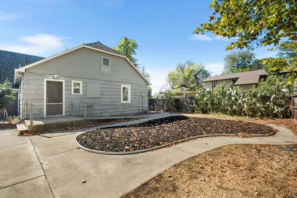 a view of a yard with plants and trees