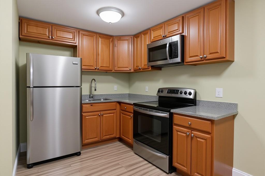 3087 Colonial Way, Unit J Atlanta, GA 30341 - Photo 7 of 21 a kitchen with stainless steel appliances granite countertop a refrigerator stove a sink dishwasher and microwave with wooden floor