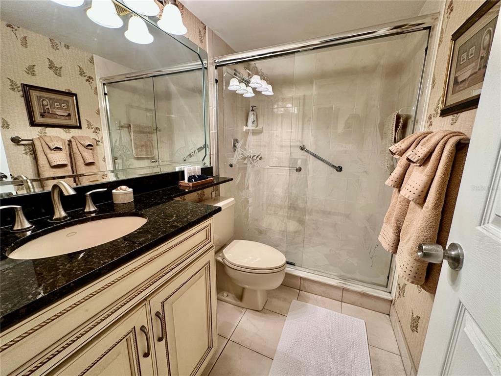 15462 Gulf Boulevard, Unit 501 Madeira Beach, FL 33708 - Photo 75 of 88 a bathroom with a granite countertop sink toilet and shower
