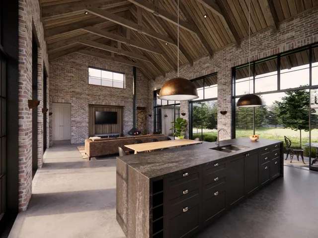 a kitchen with a table chairs and a stove