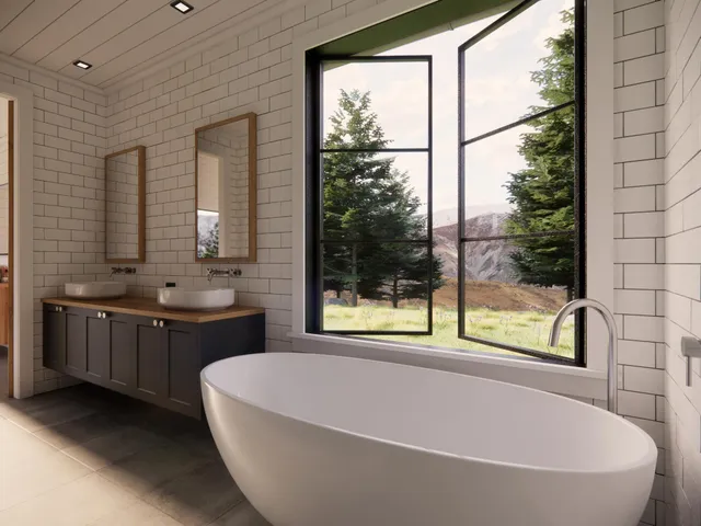 a bedroom with a bed and a large window