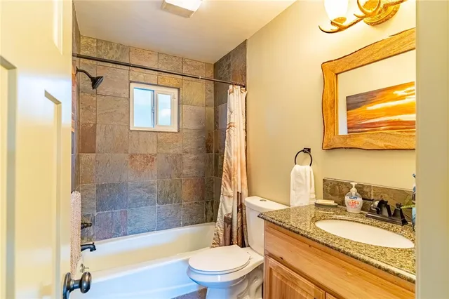 a bathroom with a granite countertop sink toilet tub and shower